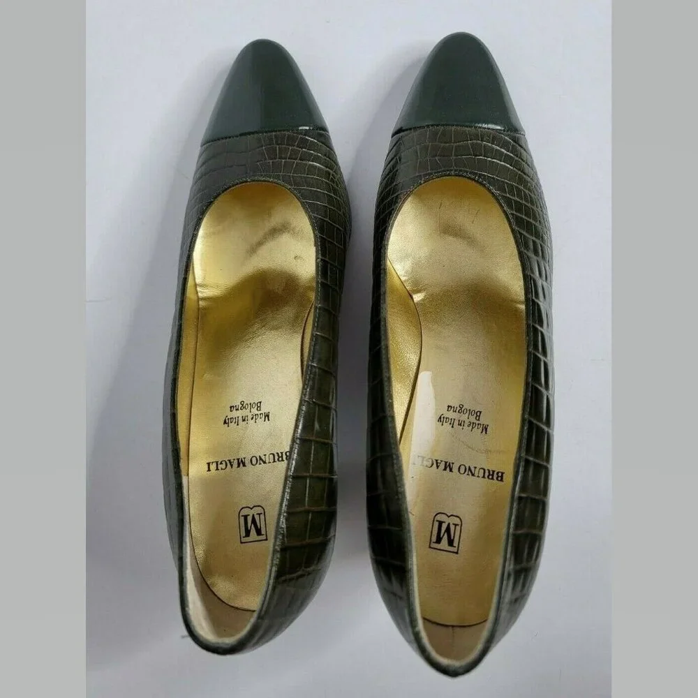 BRUNO MAGLI Womens 7 Green Lizard Print Heels Cuir Leather Pump Shoes Italy Made